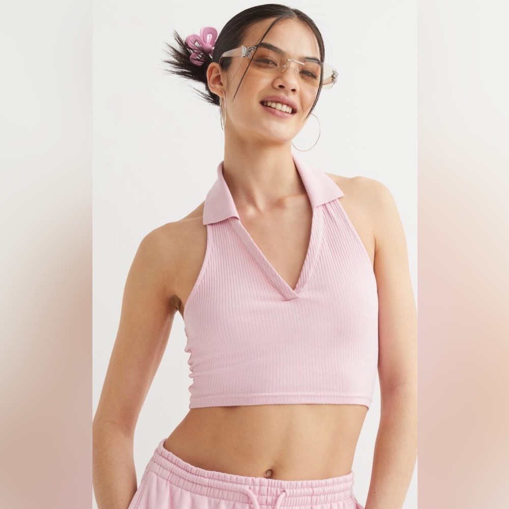 NWT halter neck top w collar light pink size Large in ribbed cotton